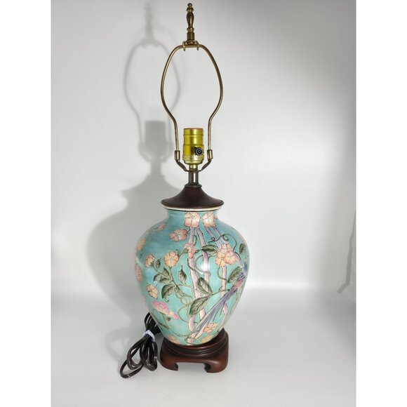 Vintage Floral Ceramic Table Lamp With Hand-Painted Bird Design On Wood Base - Picture 1 of 12